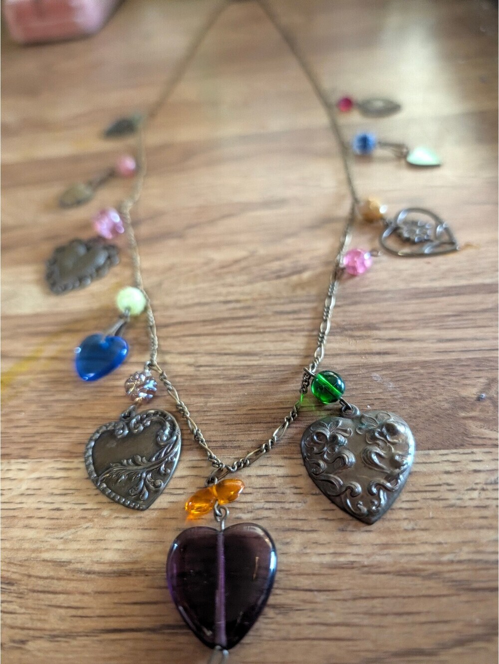 Vintage Style Heart Charm Necklace with Colorful Beads
